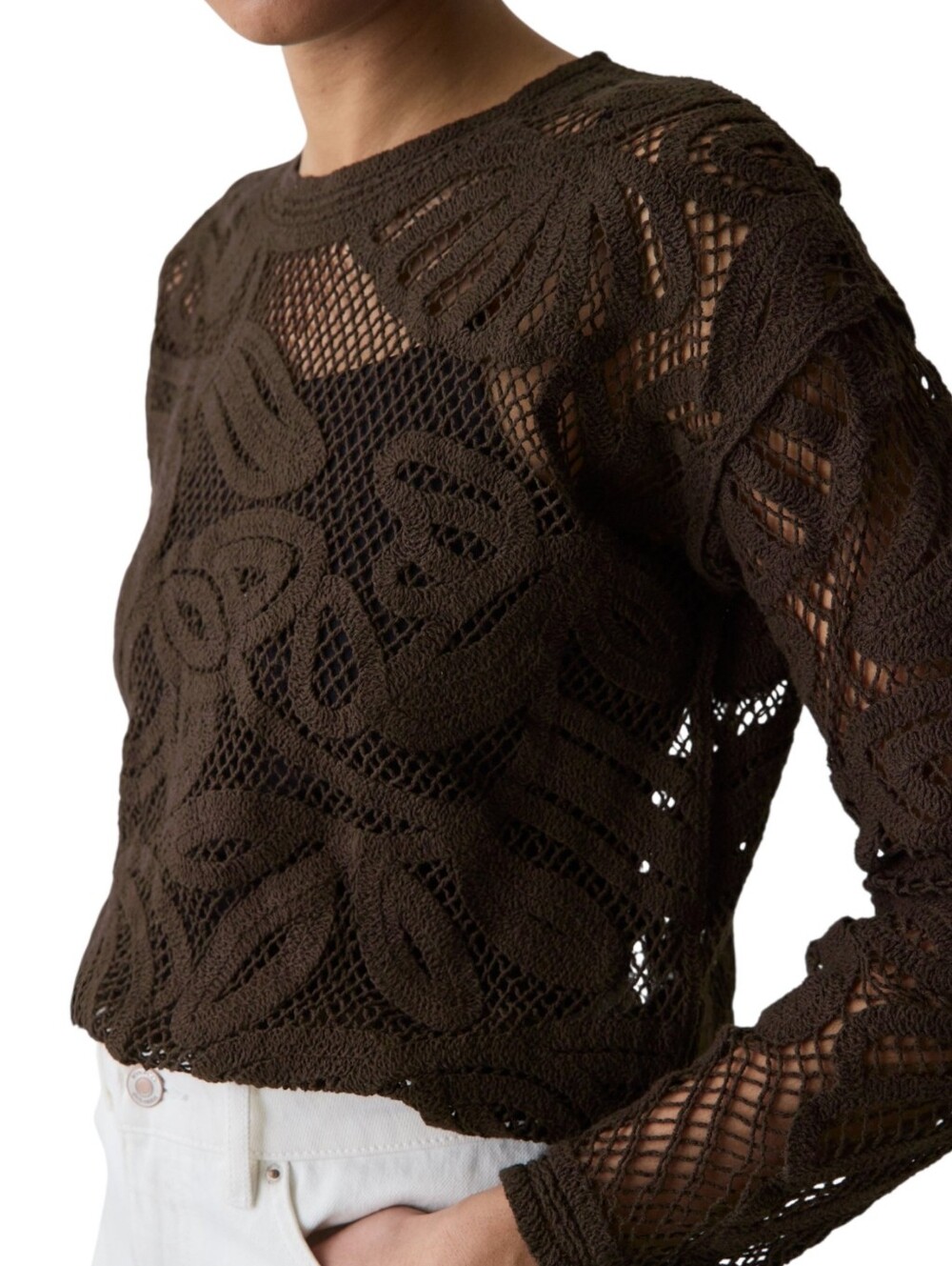 RW&Co Long-Sleeve Crew-Neck Top Crochet Details Womens Large Brown Cotton